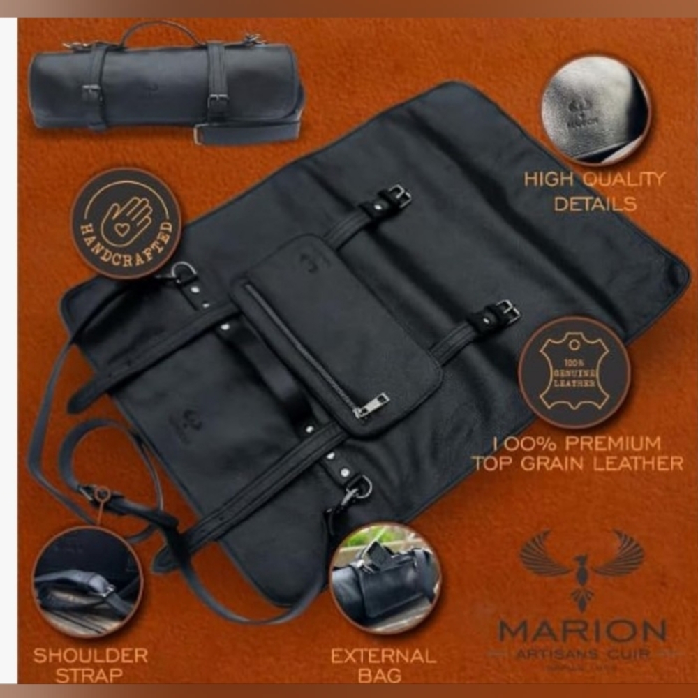 Chef's Knife Roll Bag, LE MINUIT by MARION Genuine Calf Top Grain Black Leather - Picture 5 of 12